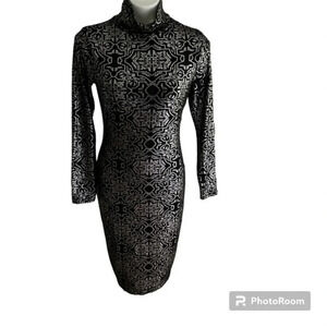Project Runway Womens Black Silver Maxi Dress Size M Long Sleeve Turtleneck